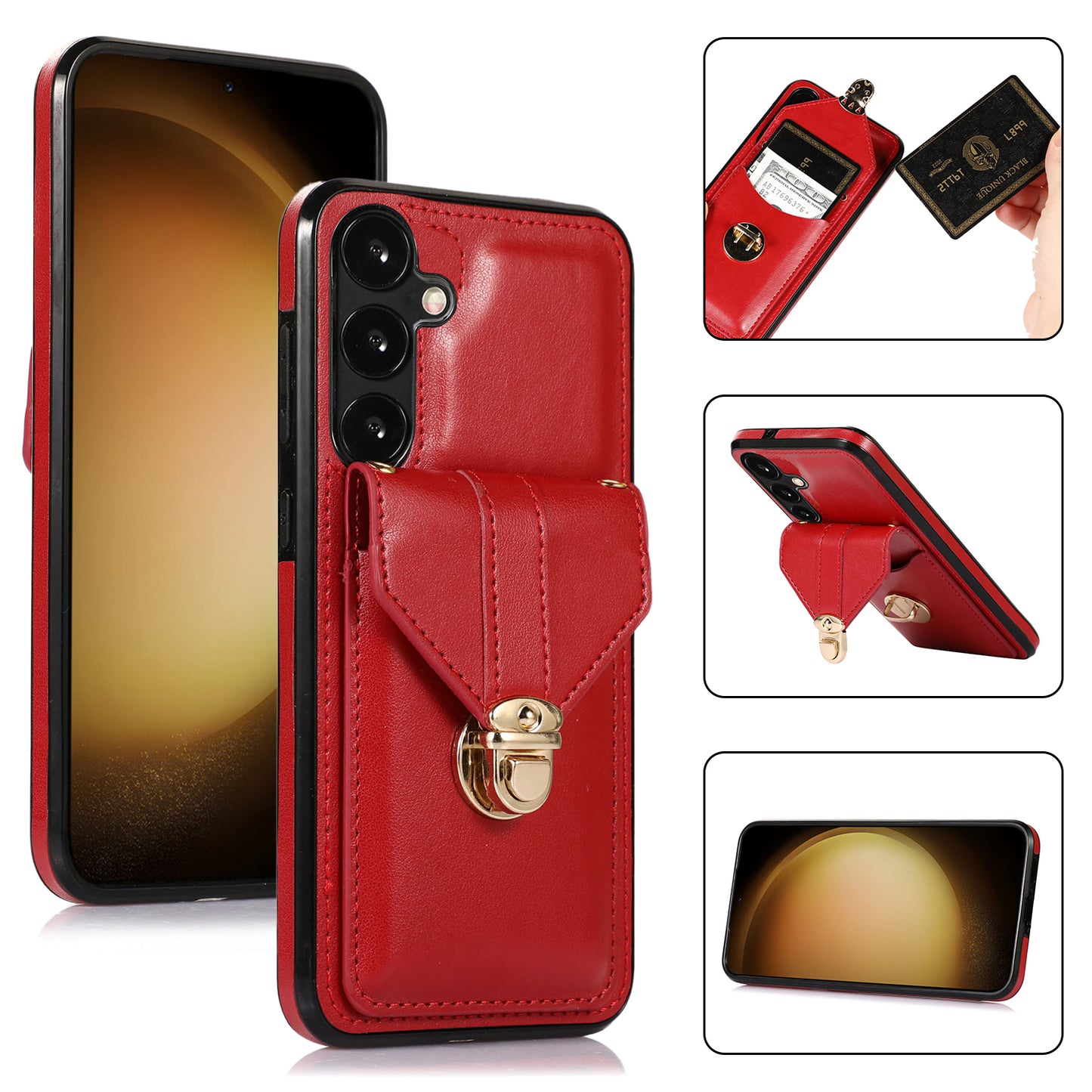 For Samsung Galaxy S24 Cell Phone Case Card Holder Leather+TPU Shockproof Cover - Red