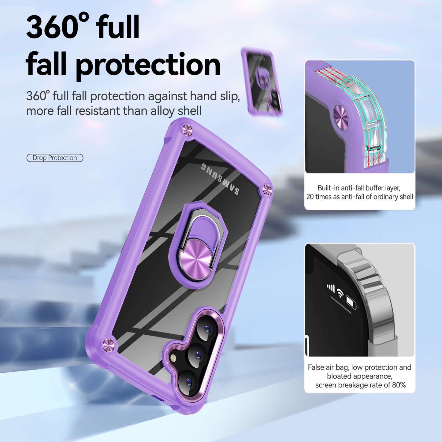 For Samsung Galaxy S24 Case PC+TPU Shockproof Phone Back Cover with Metal Ring Kickstand - Purple