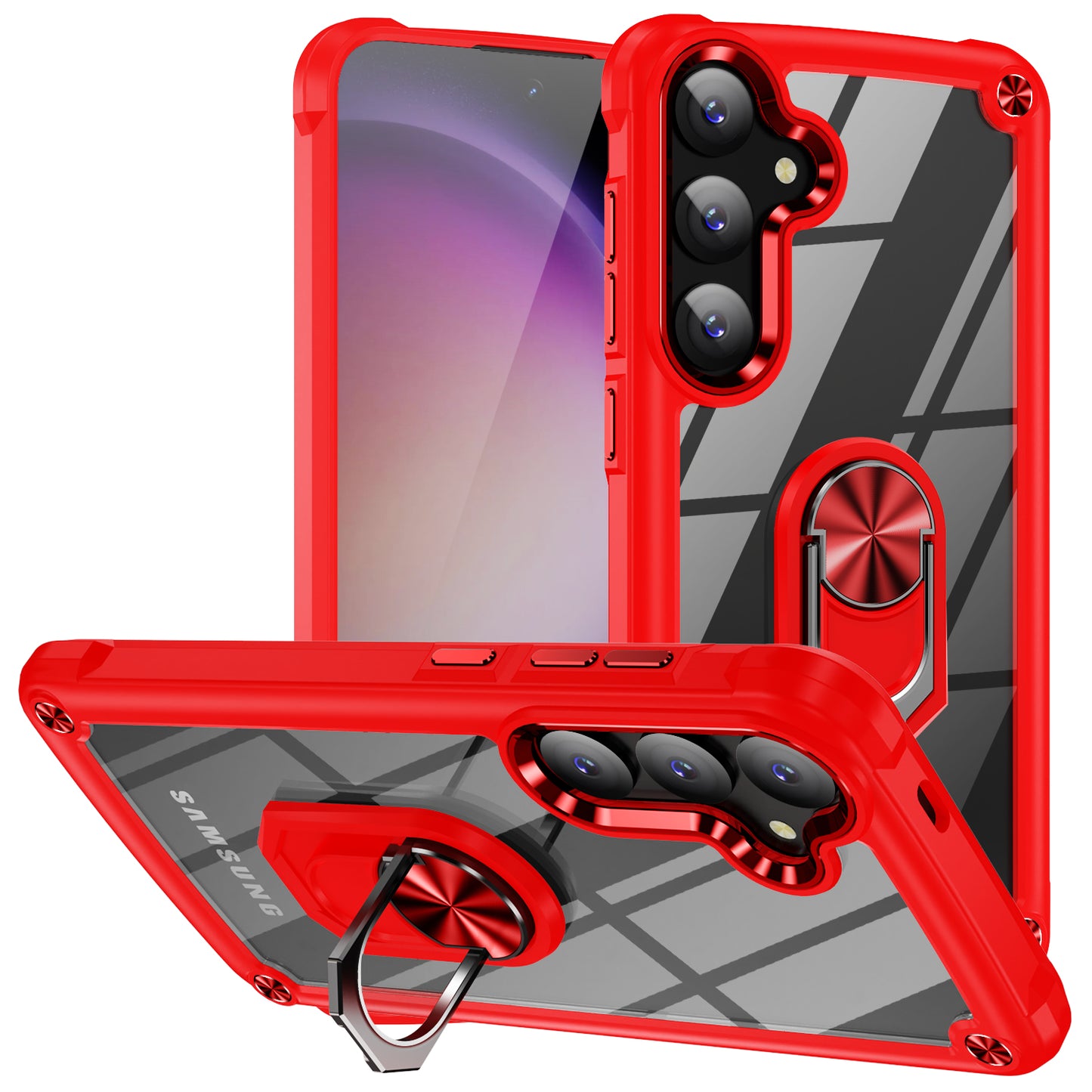 For Samsung Galaxy S24 Case PC+TPU Shockproof Phone Back Cover with Metal Ring Kickstand - Red