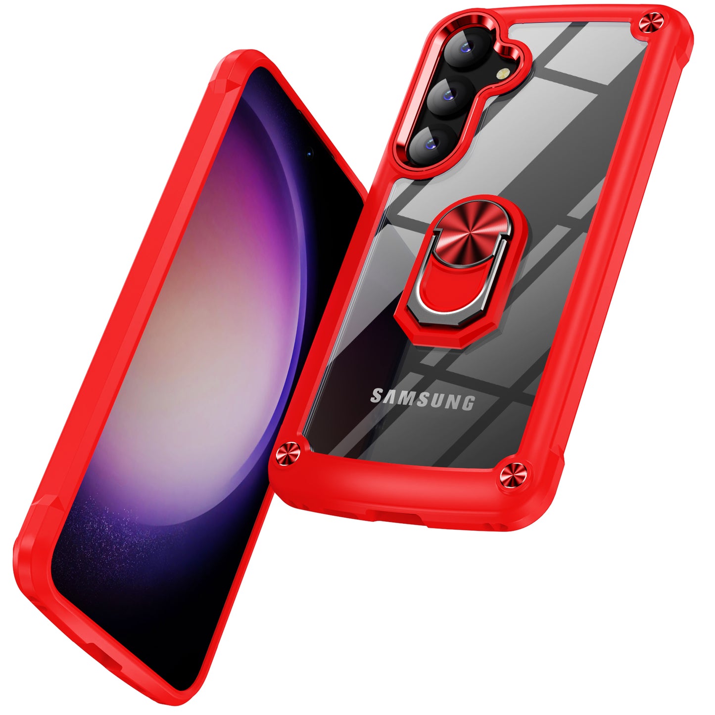 For Samsung Galaxy S24 Case PC+TPU Shockproof Phone Back Cover with Metal Ring Kickstand - Red