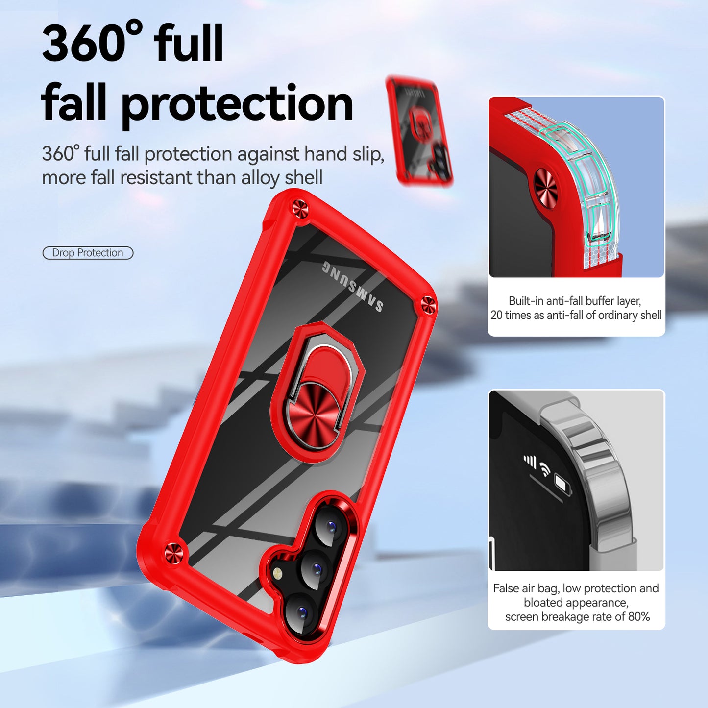 For Samsung Galaxy S24 Case PC+TPU Shockproof Phone Back Cover with Metal Ring Kickstand - Red