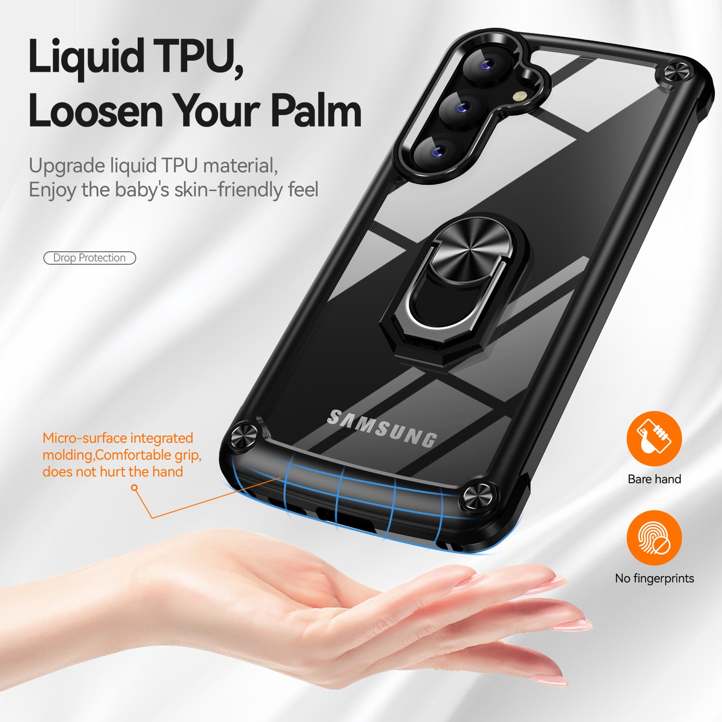 For Samsung Galaxy S24+ Cell Phone Case Anti-scratch PC+TPU Metal Ring Kickstand Protective Cover - Black