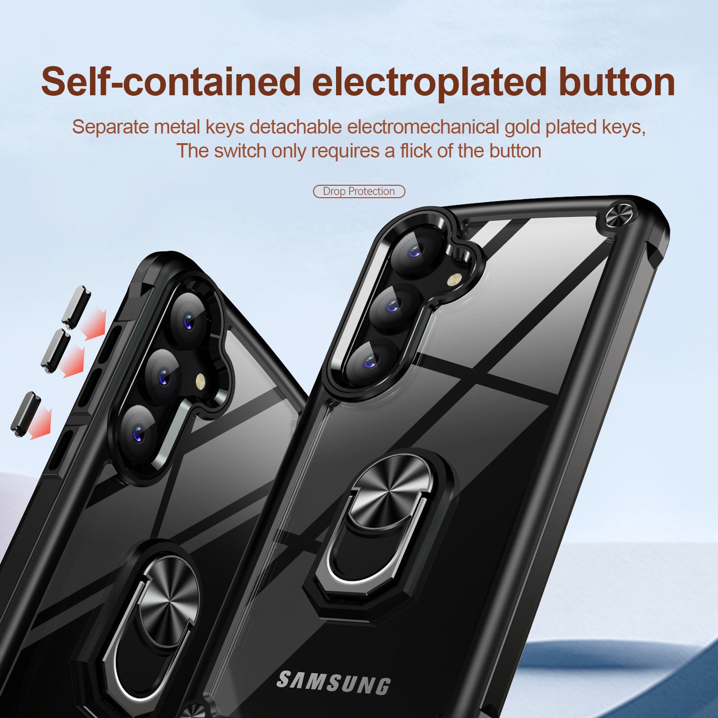 For Samsung Galaxy S24+ Cell Phone Case Anti-scratch PC+TPU Metal Ring Kickstand Protective Cover - Black