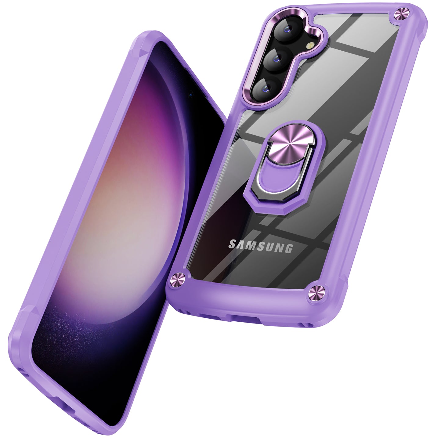 For Samsung Galaxy S24+ Cell Phone Case Anti-scratch PC+TPU Metal Ring Kickstand Protective Cover - Purple