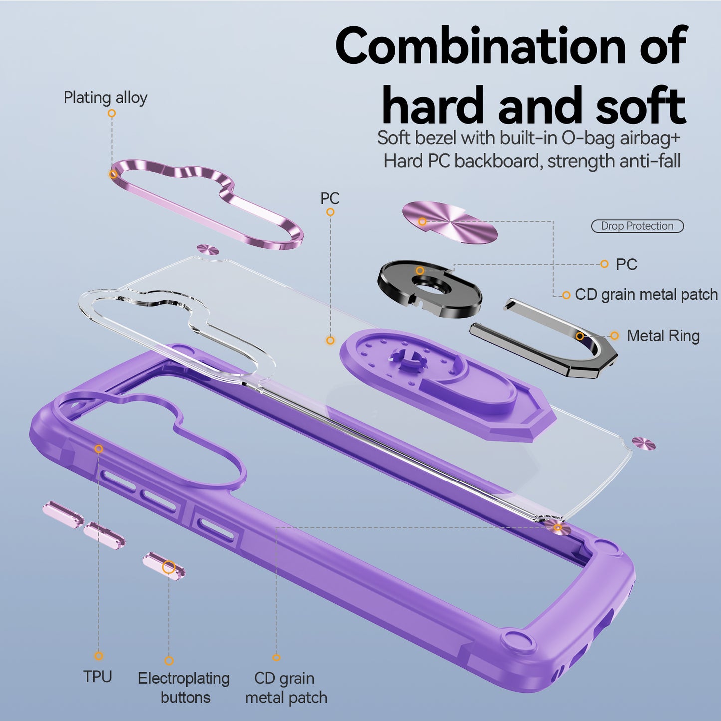 For Samsung Galaxy S24+ Cell Phone Case Anti-scratch PC+TPU Metal Ring Kickstand Protective Cover - Purple