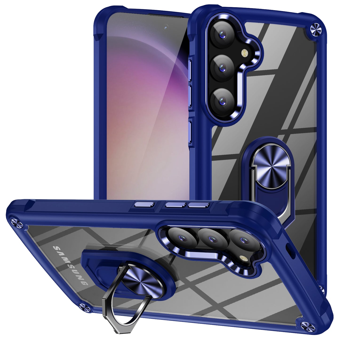 For Samsung Galaxy S24+ Cell Phone Case Anti-scratch PC+TPU Metal Ring Kickstand Protective Cover - Blue