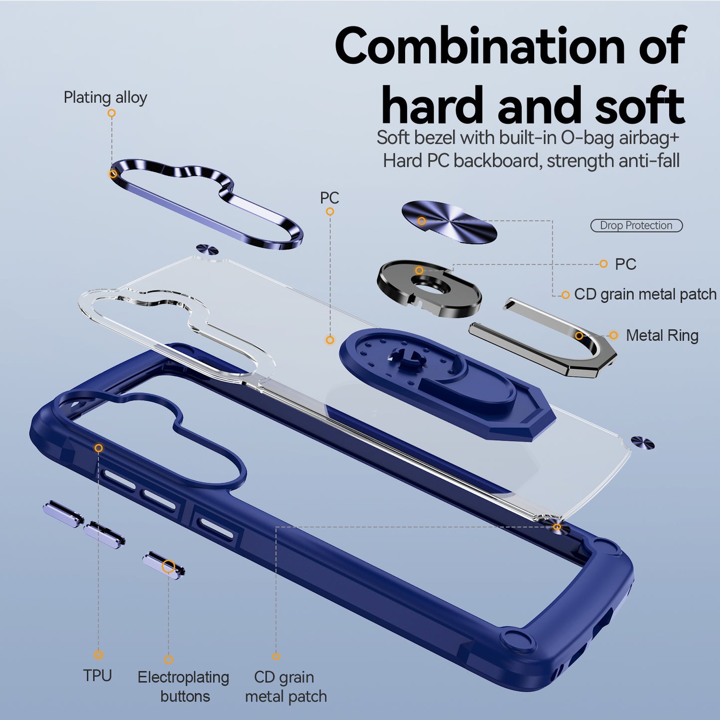 For Samsung Galaxy S24+ Cell Phone Case Anti-scratch PC+TPU Metal Ring Kickstand Protective Cover - Blue
