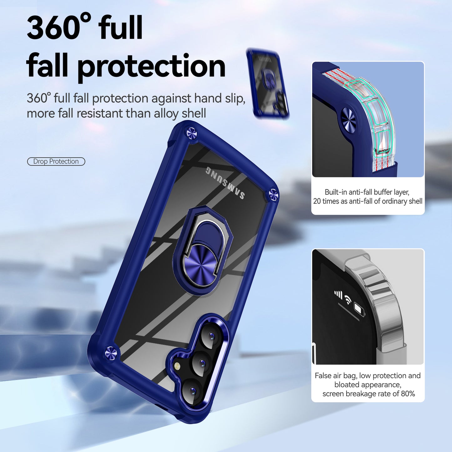 For Samsung Galaxy S24+ Cell Phone Case Anti-scratch PC+TPU Metal Ring Kickstand Protective Cover - Blue