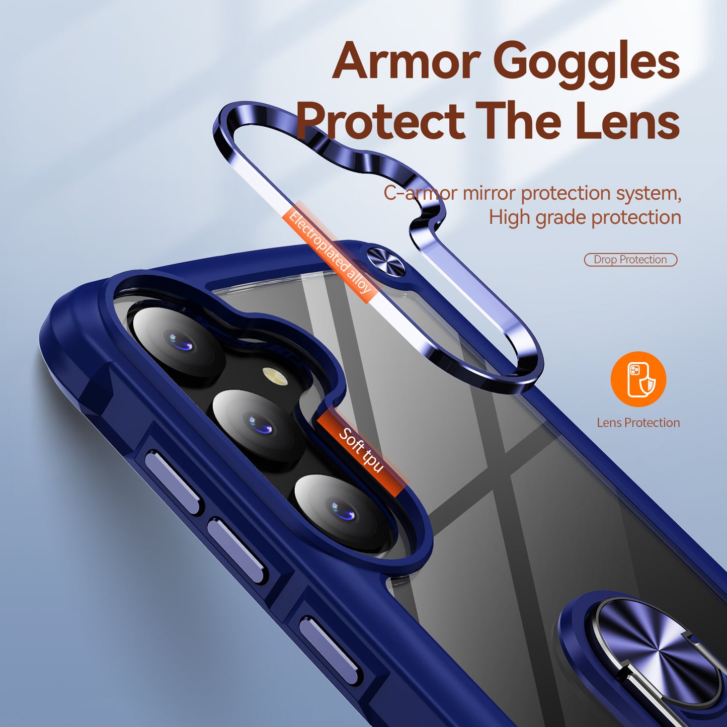 For Samsung Galaxy S24+ Cell Phone Case Anti-scratch PC+TPU Metal Ring Kickstand Protective Cover - Blue