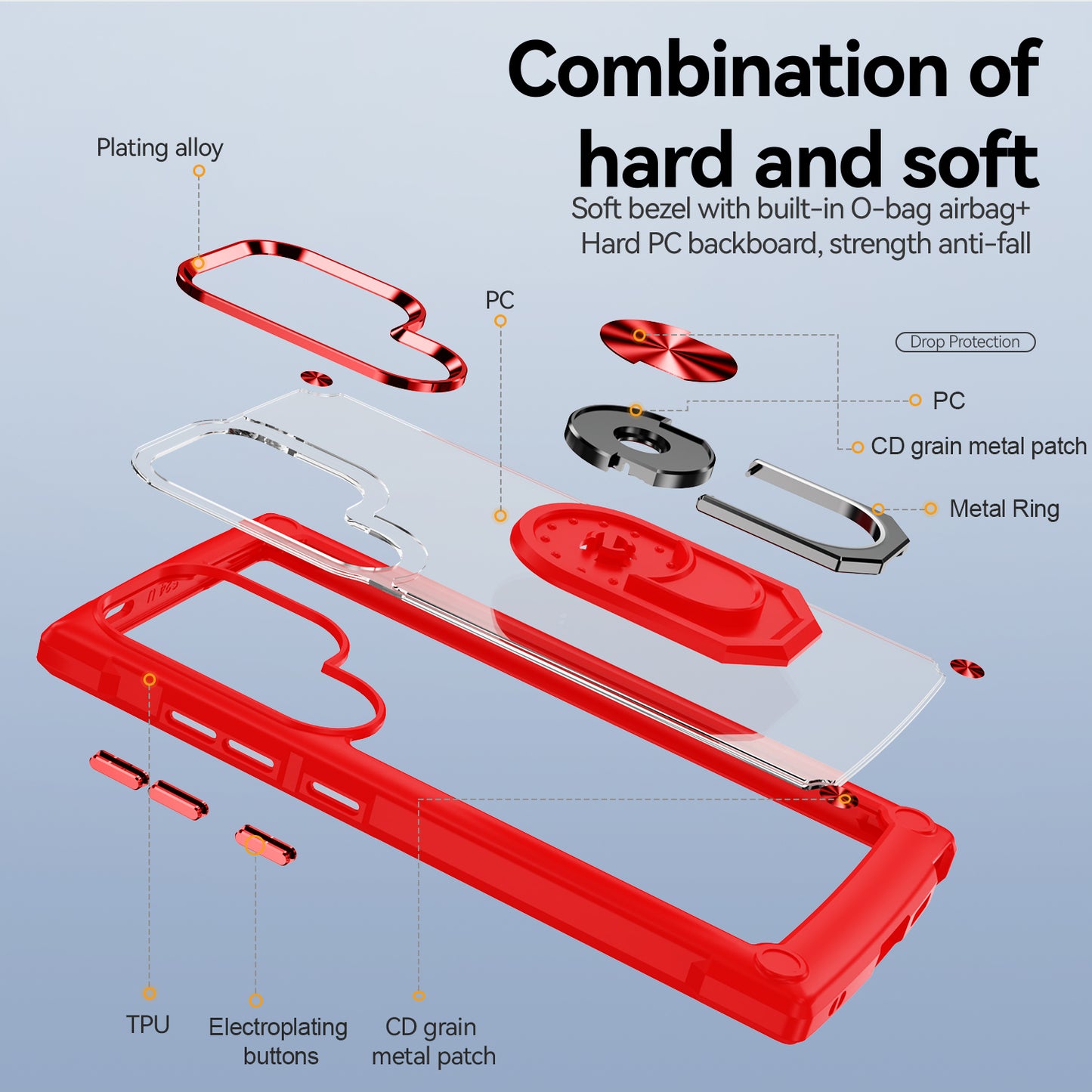 For Samsung Galaxy S24 Ultra Case Drop-proof PC+TPU Metal Ring Kickstand Phone Back Shell - Red