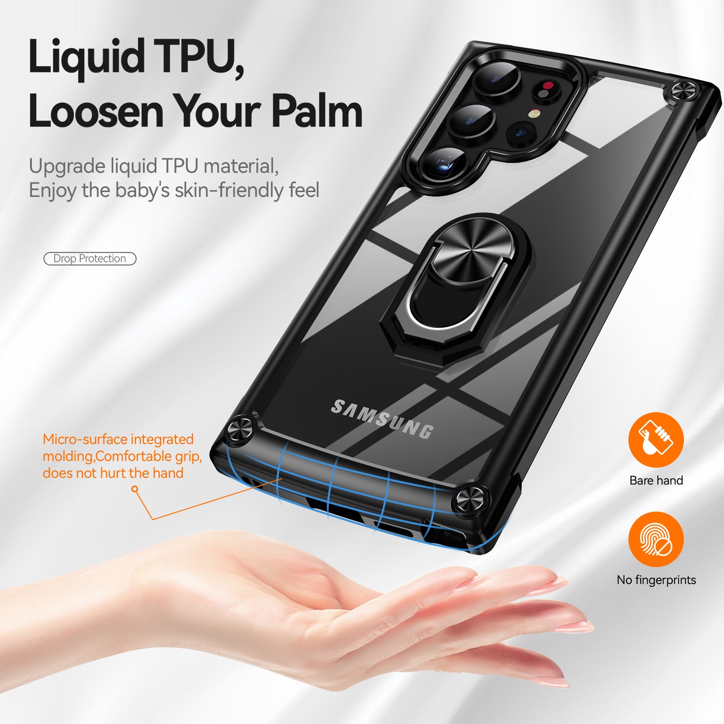For Samsung Galaxy S24 Ultra Case Drop-proof PC+TPU Metal Ring Kickstand Phone Back Shell - Black