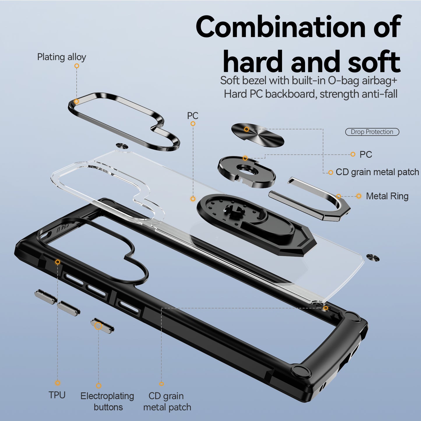 For Samsung Galaxy S24 Ultra Case Drop-proof PC+TPU Metal Ring Kickstand Phone Back Shell - Black
