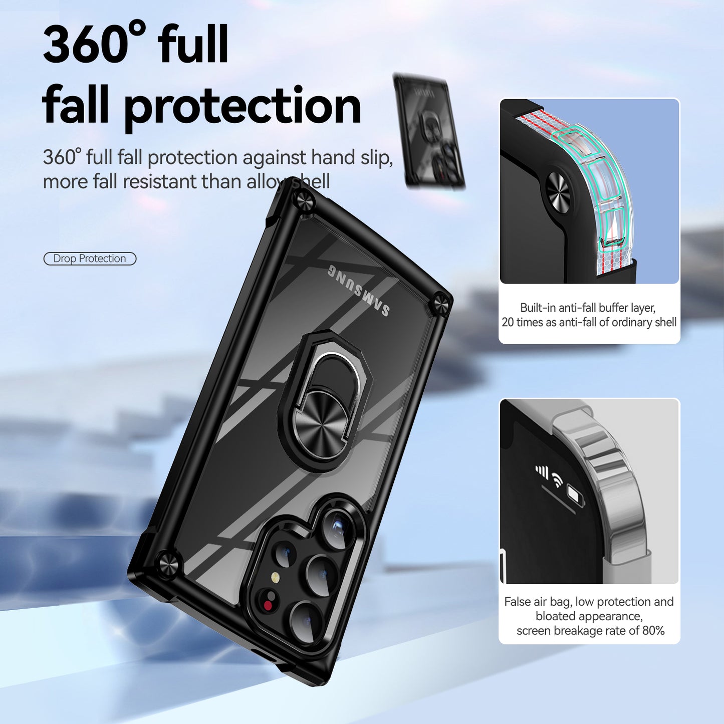 For Samsung Galaxy S24 Ultra Case Drop-proof PC+TPU Metal Ring Kickstand Phone Back Shell - Black