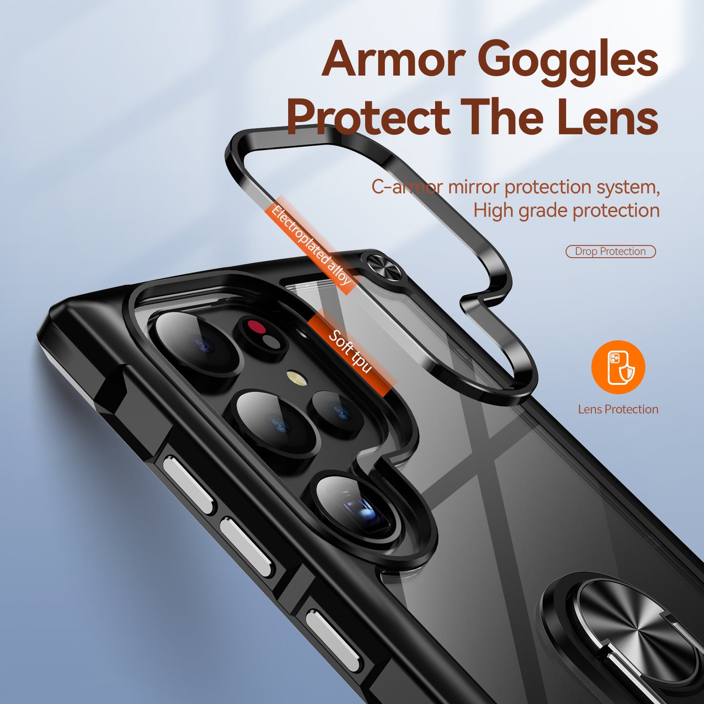 For Samsung Galaxy S24 Ultra Case Drop-proof PC+TPU Metal Ring Kickstand Phone Back Shell - Black