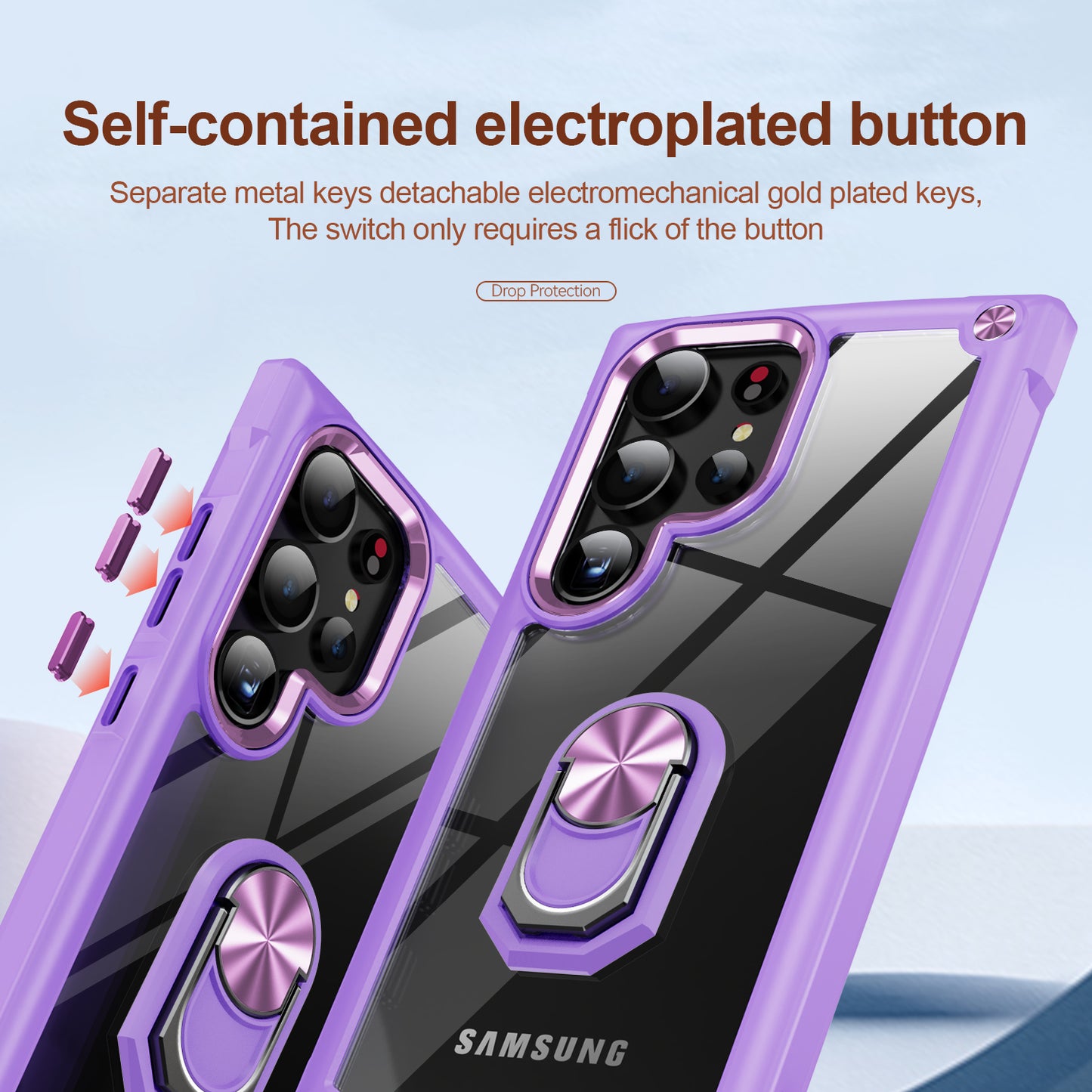 For Samsung Galaxy S24 Ultra Case Drop-proof PC+TPU Metal Ring Kickstand Phone Back Shell - Purple