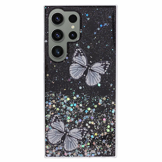 AW Series For Samsung Galaxy S24 Ultra TPU+PVC Case Sparkle Epoxy Big Rear Lens Hole Phone Back Shell - Black