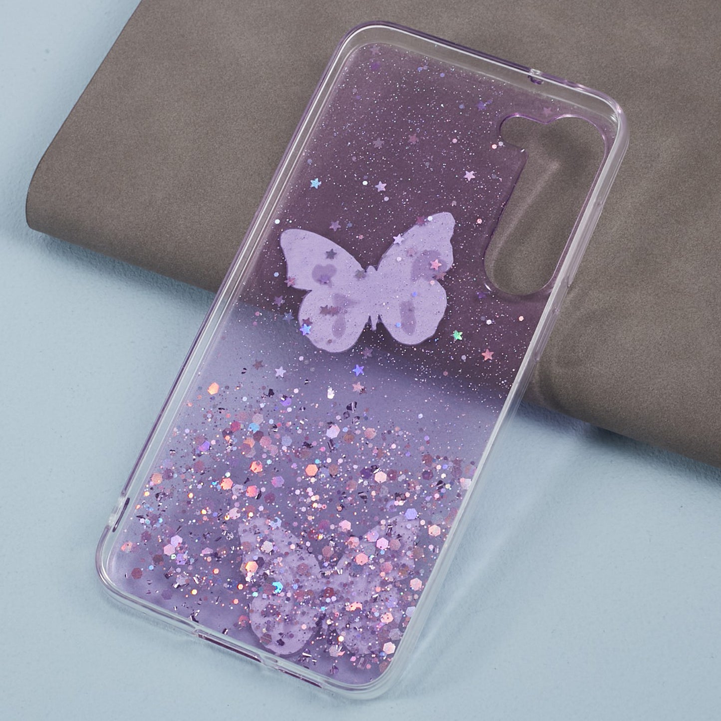 AW Series For Samsung Galaxy S24 Case TPU+PVC Sparkle Epoxy Butterfly Decor Cover with Big Rear Lens Hole - Purple