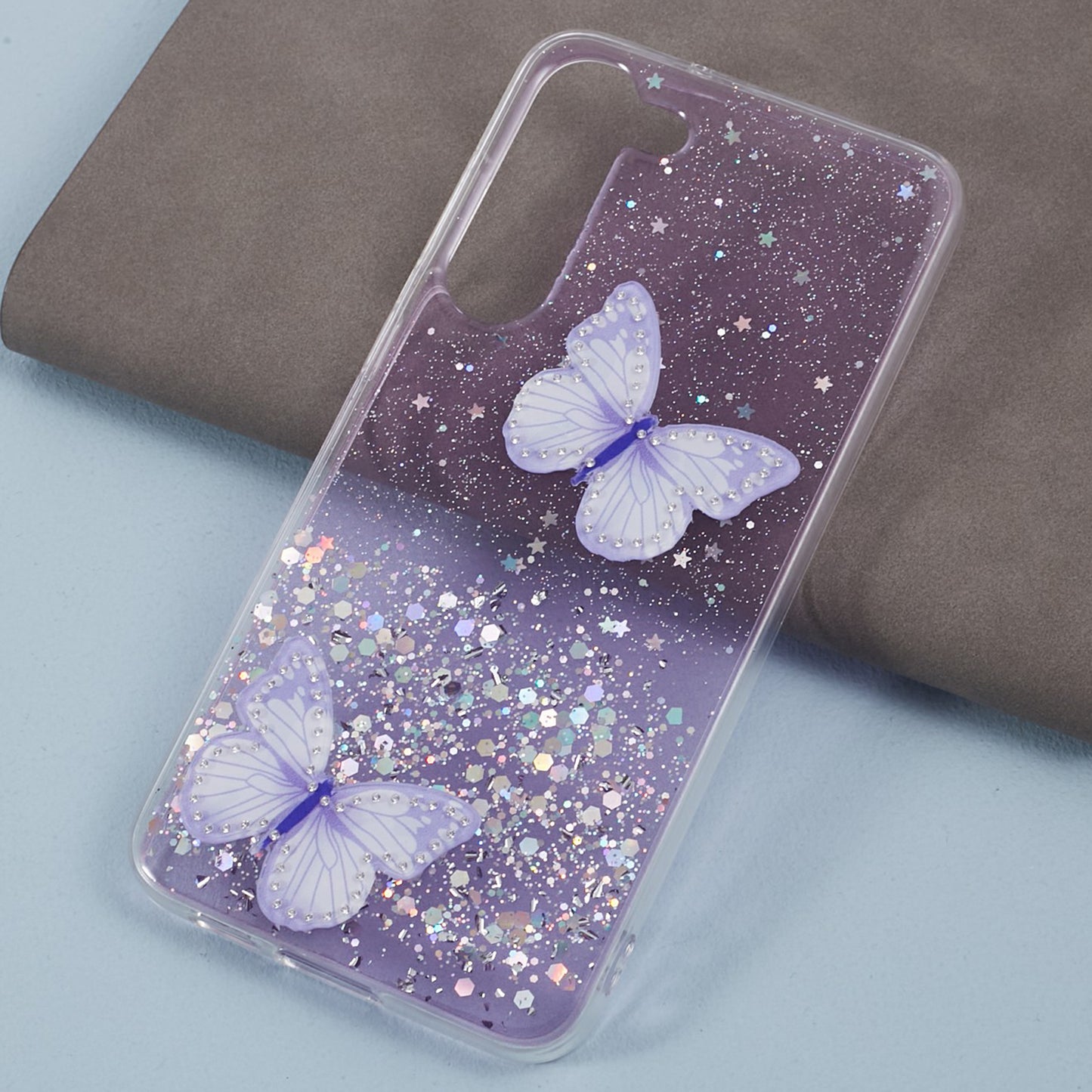 AW Series For Samsung Galaxy S24 Case TPU+PVC Sparkle Epoxy Butterfly Decor Cover with Big Rear Lens Hole - Purple