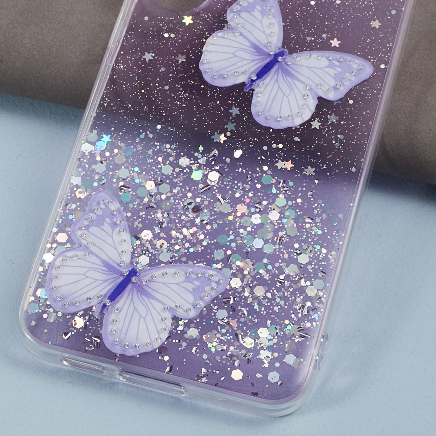 AW Series For Samsung Galaxy S24 Case TPU+PVC Sparkle Epoxy Butterfly Decor Cover with Big Rear Lens Hole - Purple