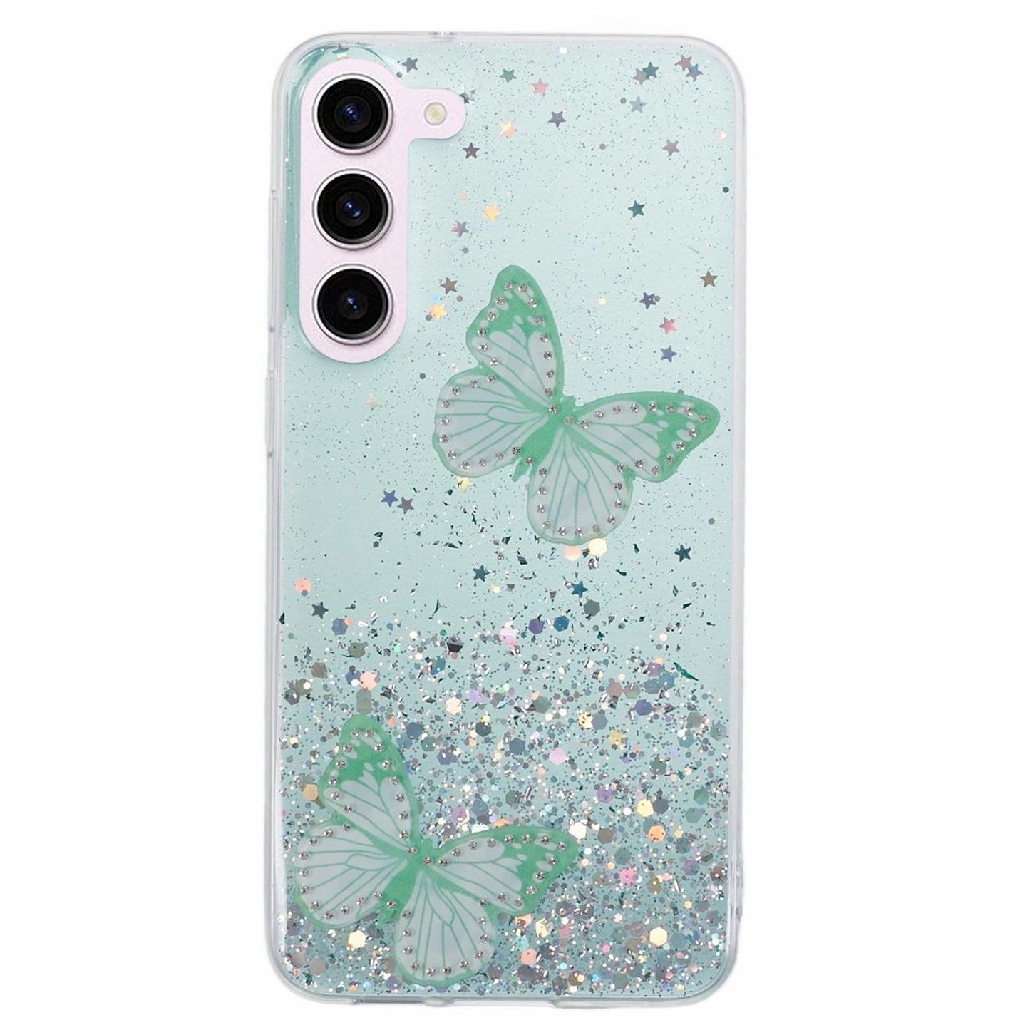 AW Series For Samsung Galaxy S24 Case TPU+PVC Sparkle Epoxy Butterfly Decor Cover with Big Rear Lens Hole - Green