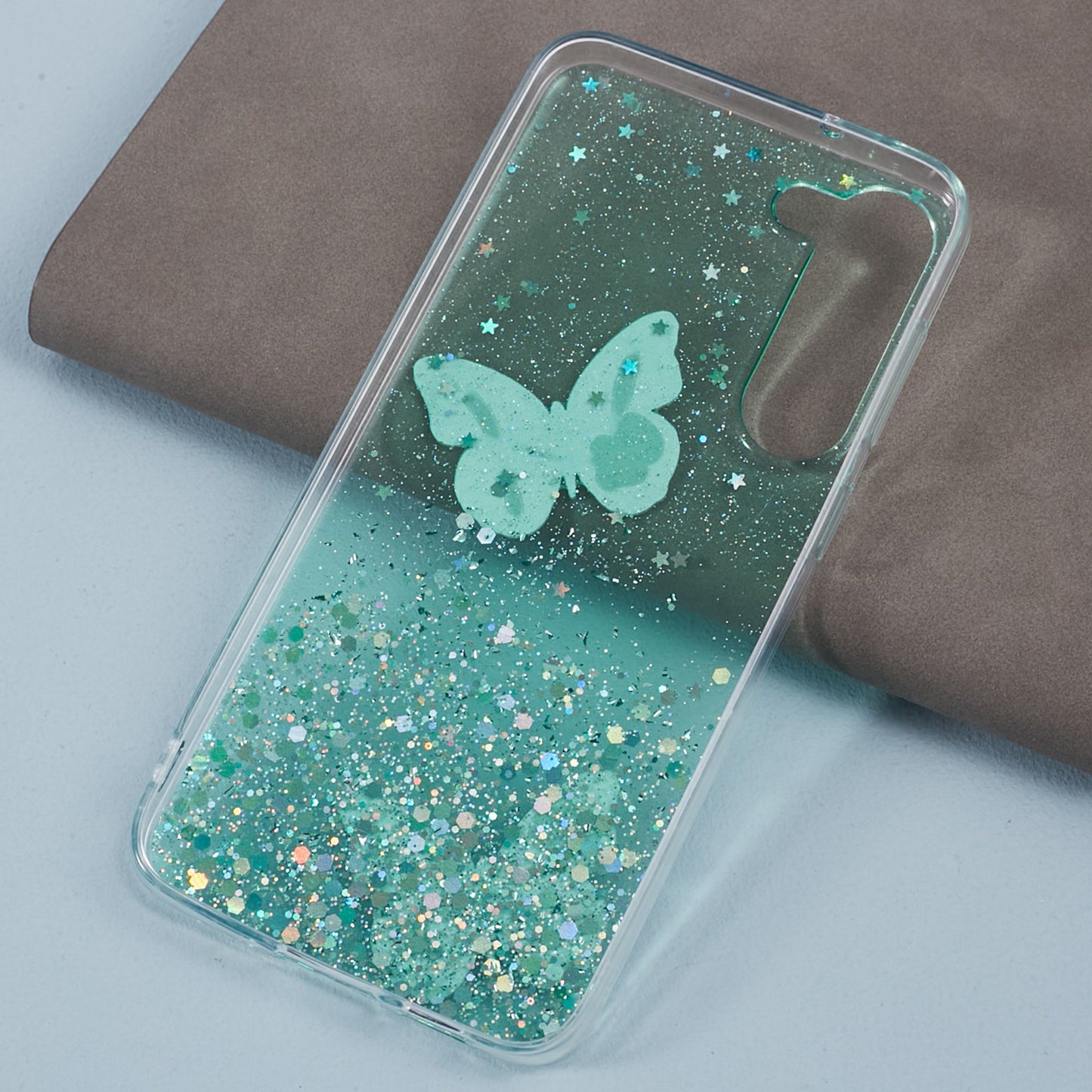 AW Series For Samsung Galaxy S24 Case TPU+PVC Sparkle Epoxy Butterfly Decor Cover with Big Rear Lens Hole - Green