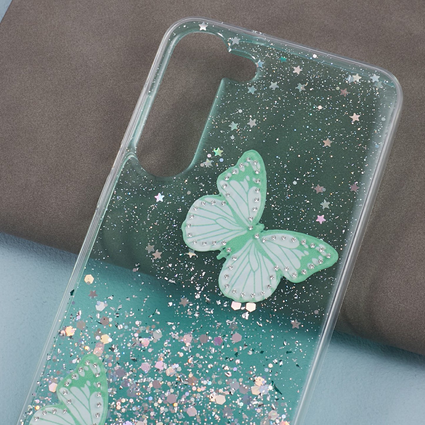 AW Series For Samsung Galaxy S24 Case TPU+PVC Sparkle Epoxy Butterfly Decor Cover with Big Rear Lens Hole - Green