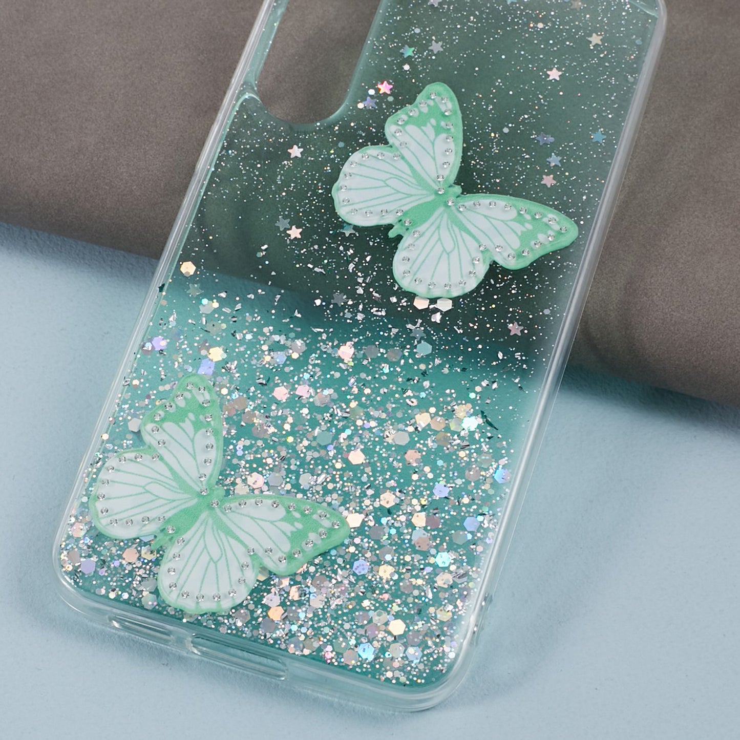 AW Series For Samsung Galaxy S24 Case TPU+PVC Sparkle Epoxy Butterfly Decor Cover with Big Rear Lens Hole - Green