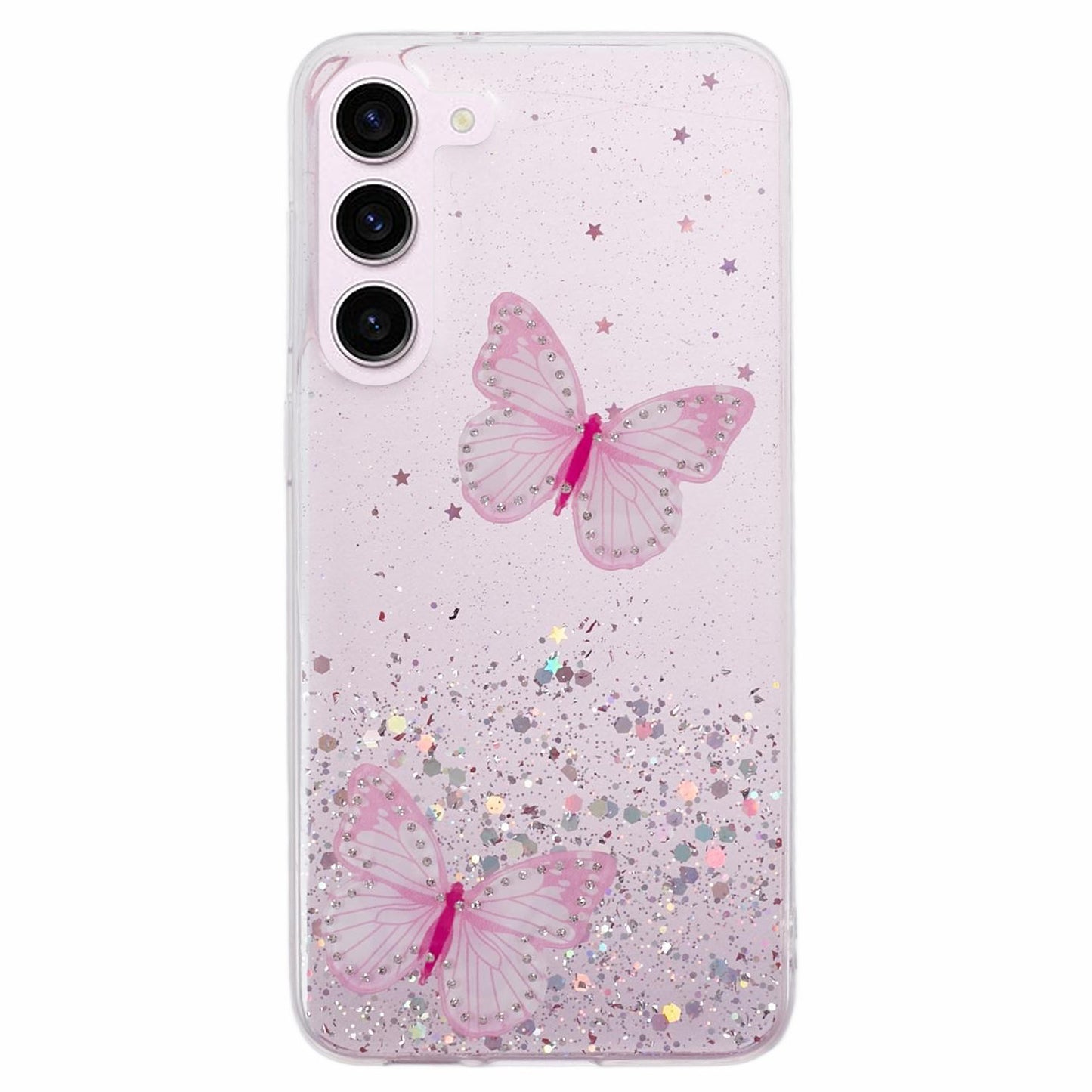 AW Series For Samsung Galaxy S24 Case TPU+PVC Sparkle Epoxy Butterfly Decor Cover with Big Rear Lens Hole - Pink