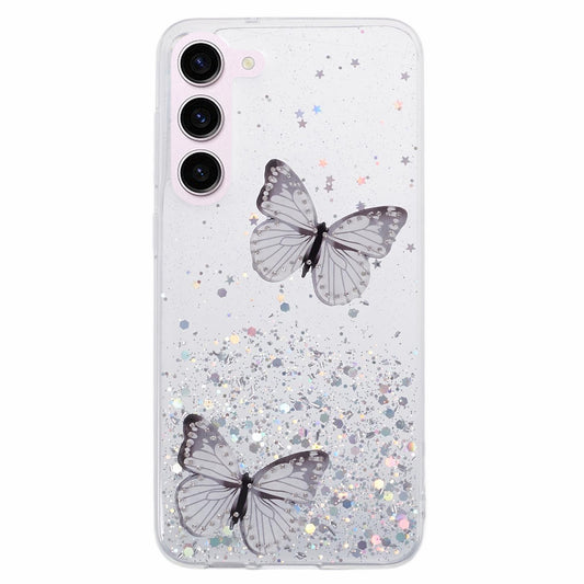 AW Series For Samsung Galaxy S24 Case TPU+PVC Sparkle Epoxy Butterfly Decor Cover with Big Rear Lens Hole - White