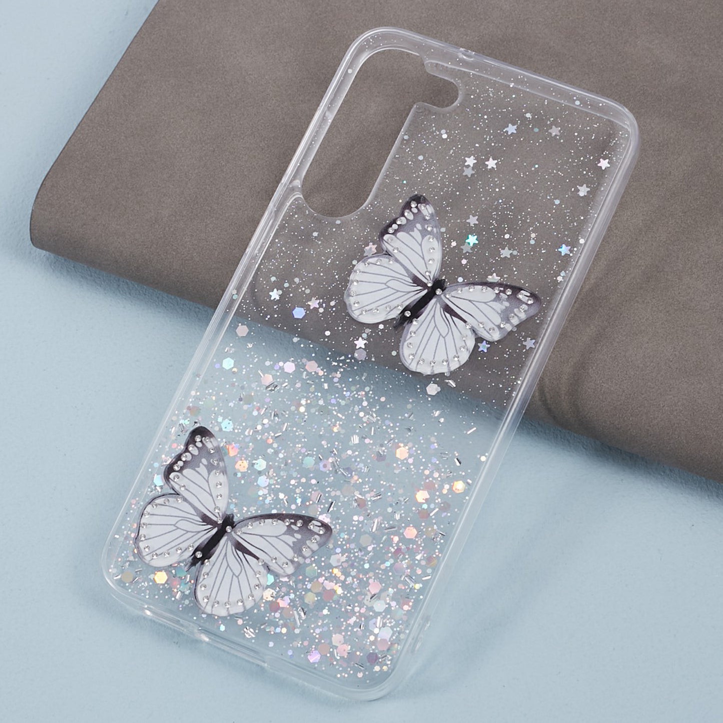 AW Series For Samsung Galaxy S24 Case TPU+PVC Sparkle Epoxy Butterfly Decor Cover with Big Rear Lens Hole - White