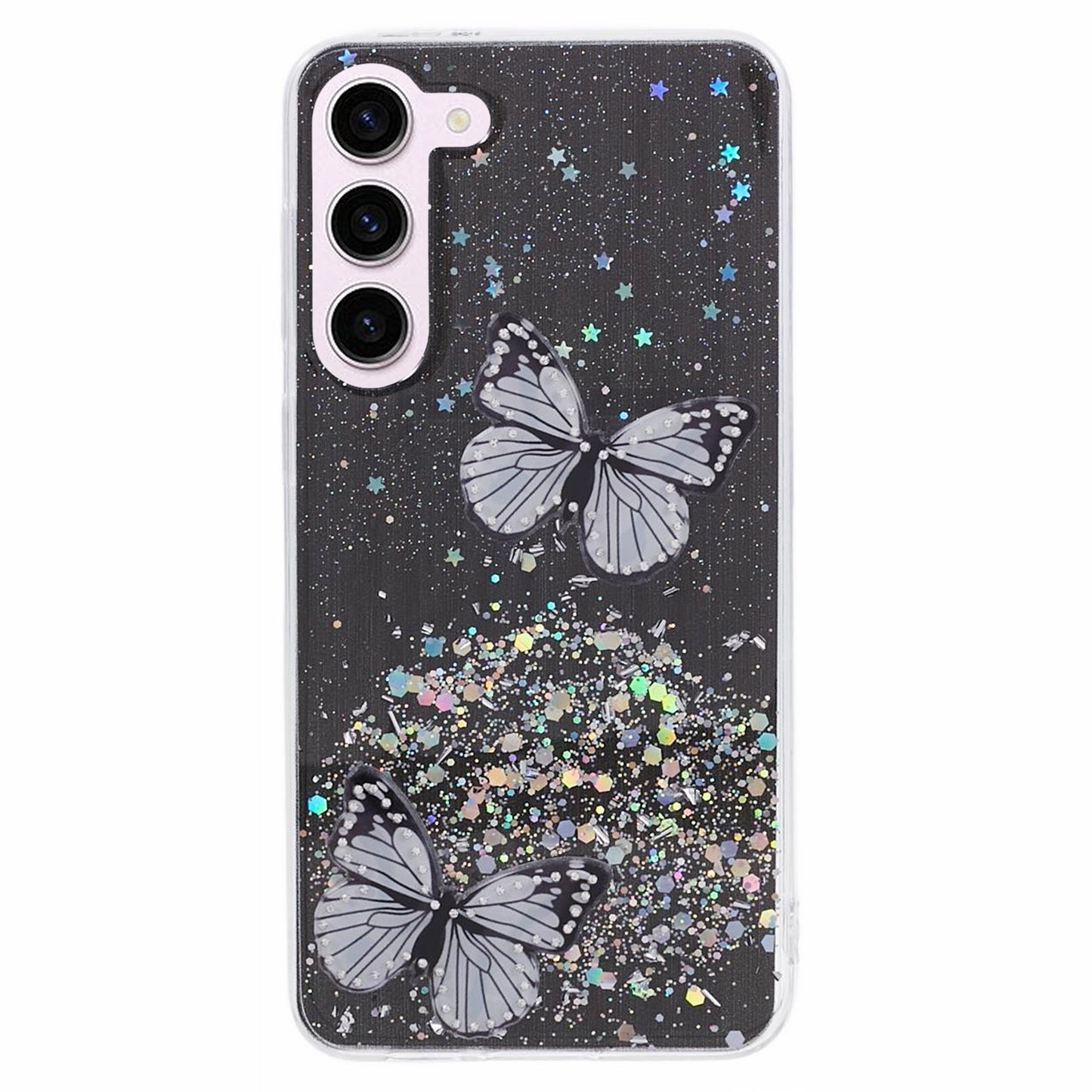 AW Series For Samsung Galaxy S24 Case TPU+PVC Sparkle Epoxy Butterfly Decor Cover with Big Rear Lens Hole - Black