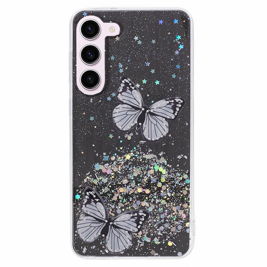 AW Series For Samsung Galaxy S24 Case TPU+PVC Sparkle Epoxy Butterfly Decor Cover with Big Rear Lens Hole - Black