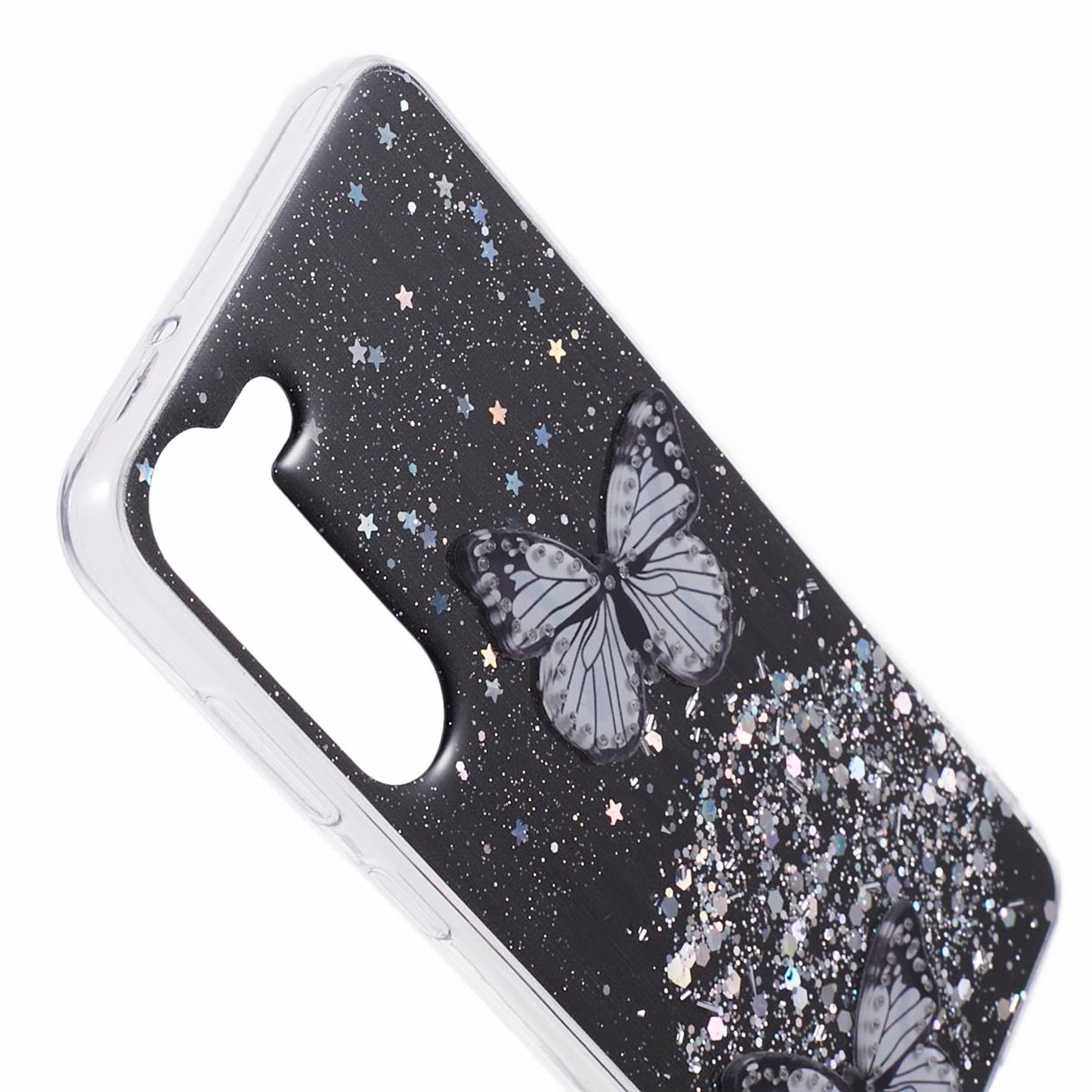 AW Series For Samsung Galaxy S24 Case TPU+PVC Sparkle Epoxy Butterfly Decor Cover with Big Rear Lens Hole - Black