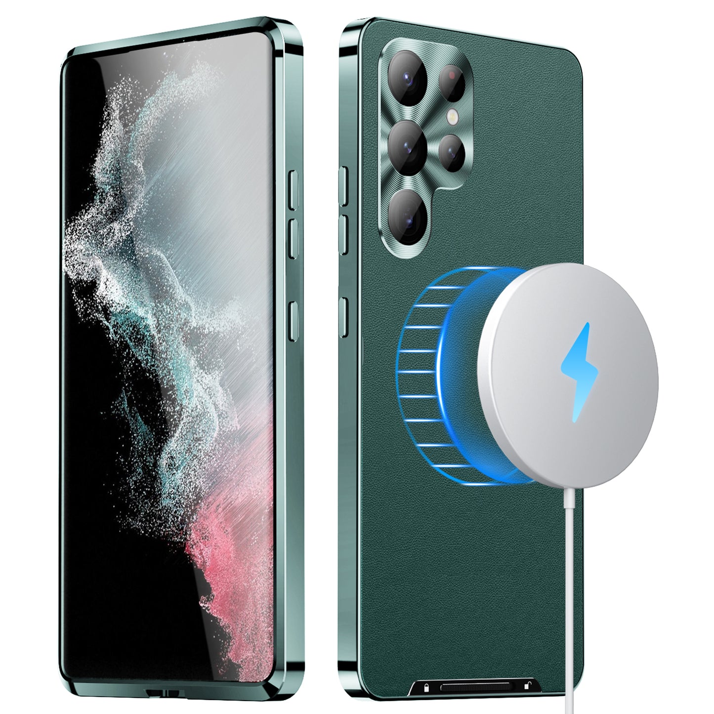 For Samsung Galaxy S24 Ultra Magnetic Case Metal Frame Leather+PC Matte Cover - Green