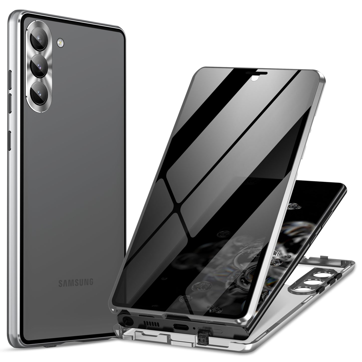 For Samsung Galaxy S24 Case Anti-Spy Double-Sided Tempered Glass Cover with Metal Frame - Silver