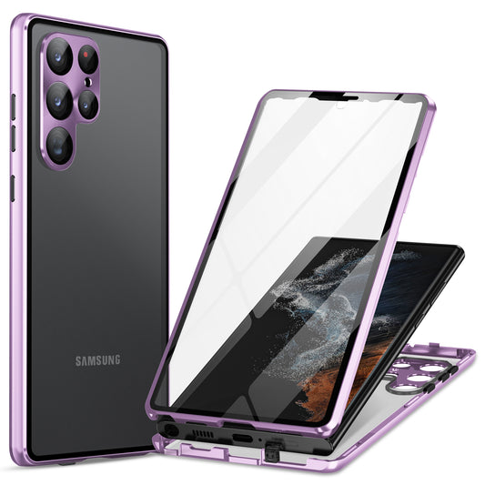 For Samsung Galaxy S24 Ultra Case Double Sides Tempered Glass Magnetic Metal Frame Cover - Light Purple