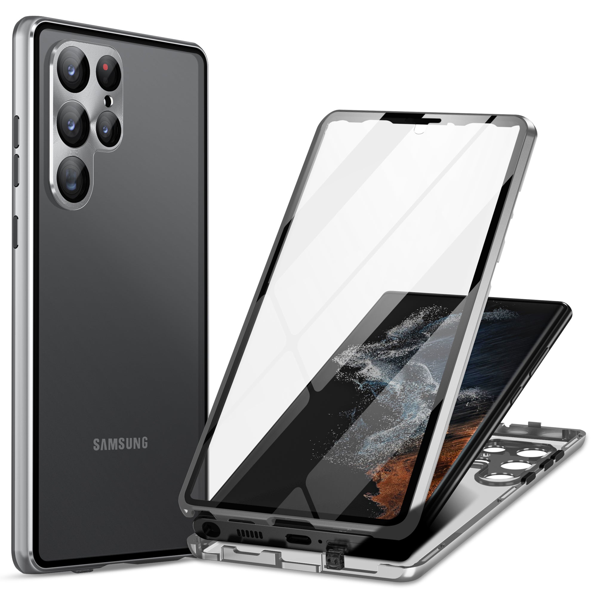 For Samsung Galaxy S24 Ultra Case Double Sides Tempered Glass Magnetic Metal Frame Cover - Silver