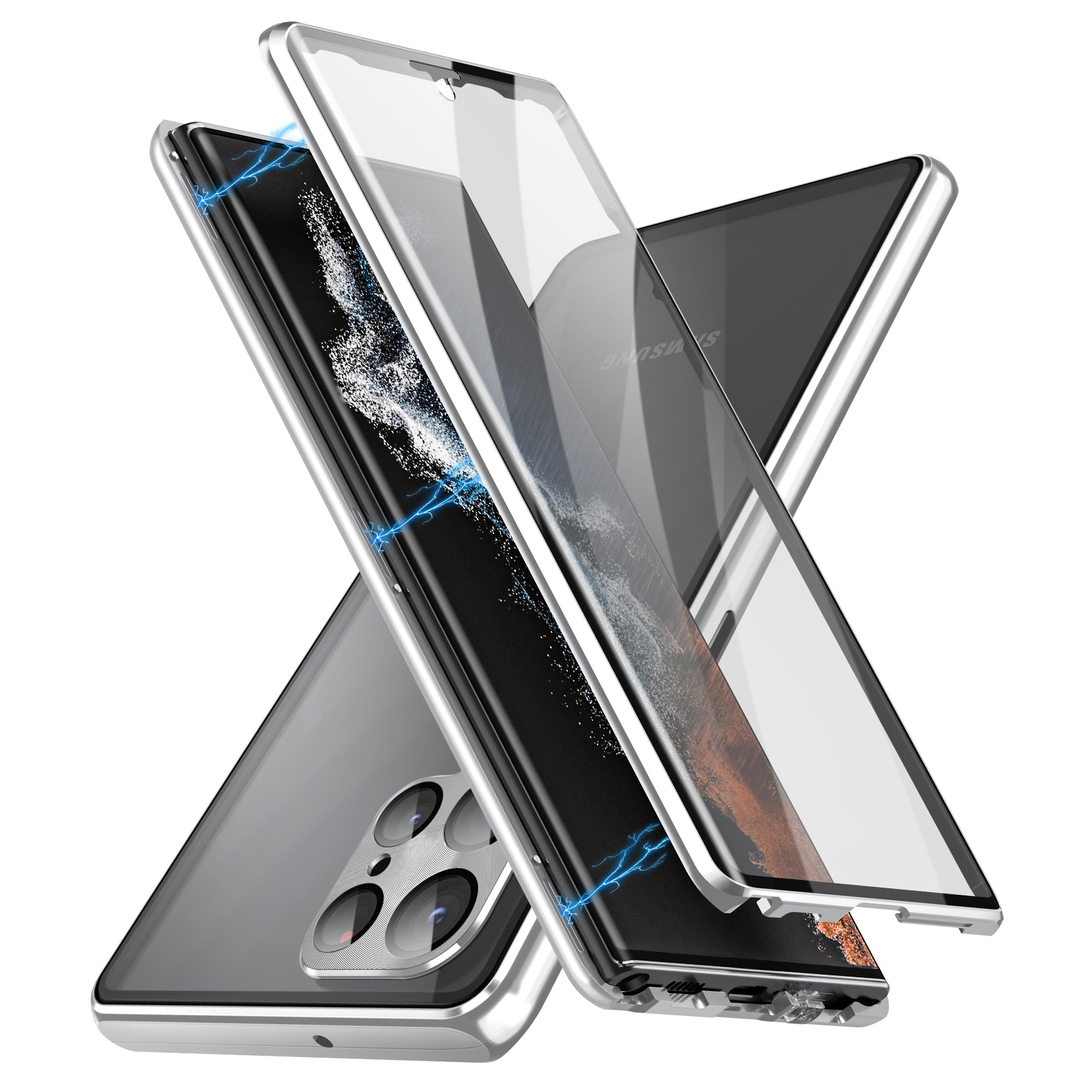 For Samsung Galaxy S24 Ultra Case Double Sides Tempered Glass Magnetic Metal Frame Cover - Silver
