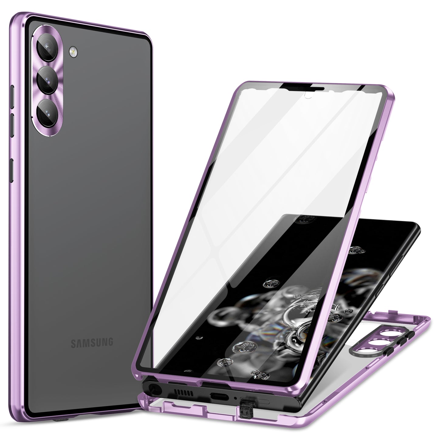 For Samsung Galaxy S24+ Case HD Clear Double Sides Tempered Glass Back Phone Cover - Light Purple