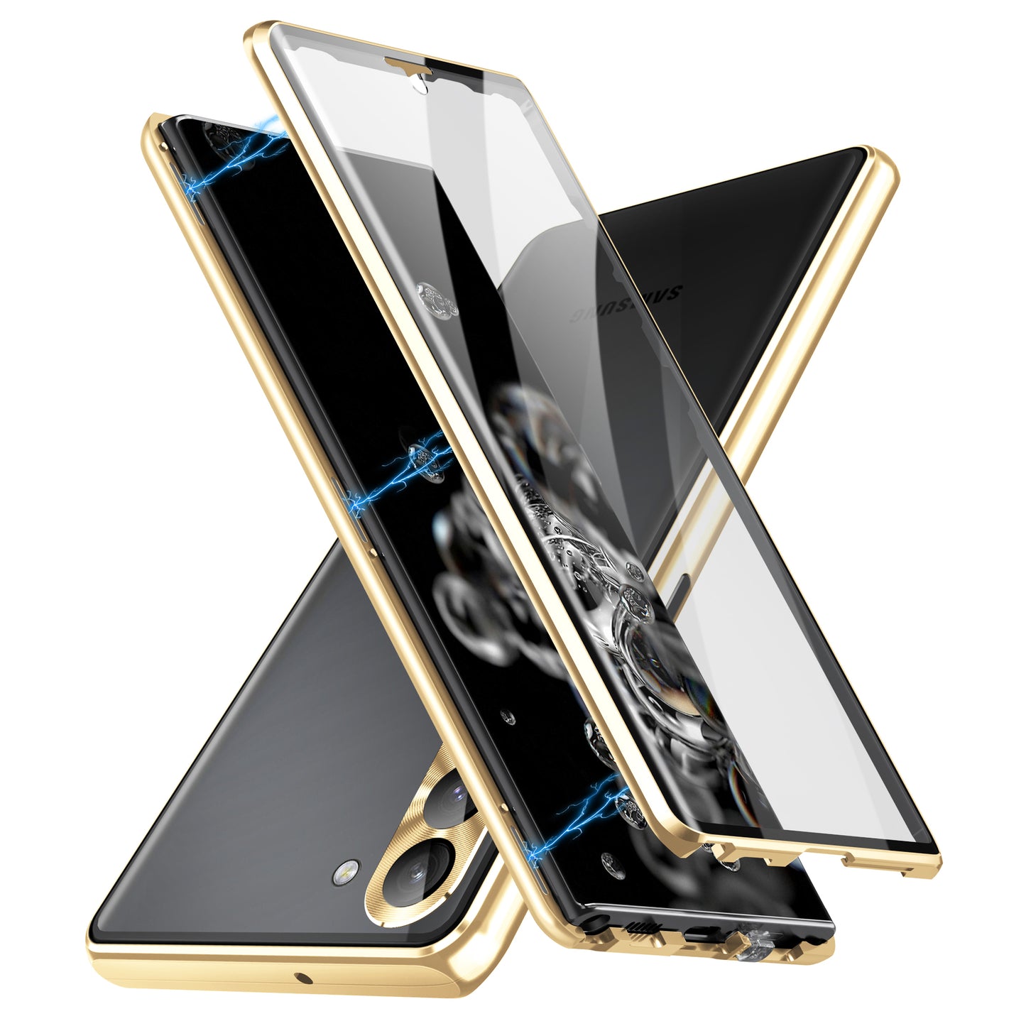 For Samsung Galaxy S24+ Case HD Clear Double Sides Tempered Glass Back Phone Cover - Gold