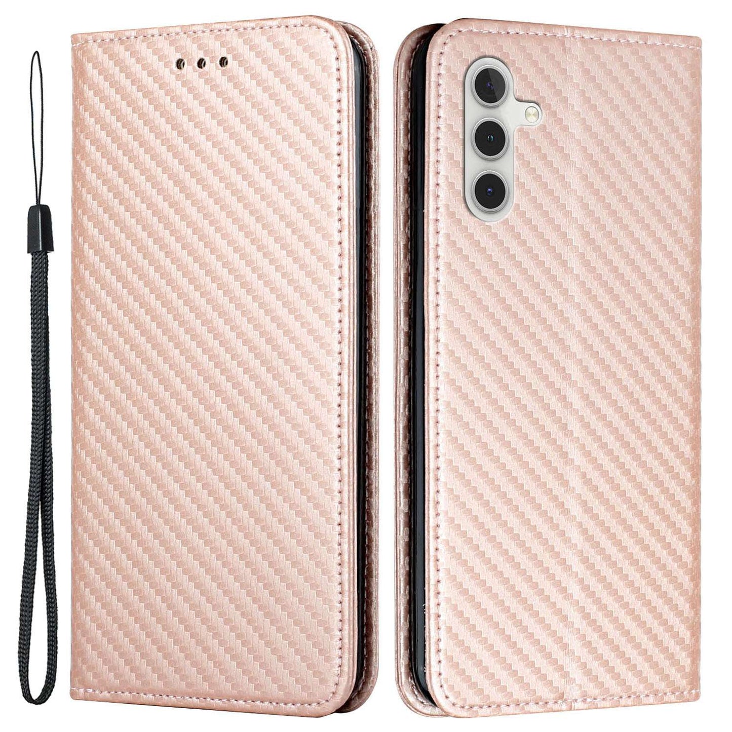 For Samsung Galaxy S24 Case Carbon Fiber Texture Wallet Stand Leather Cover - Rose Gold