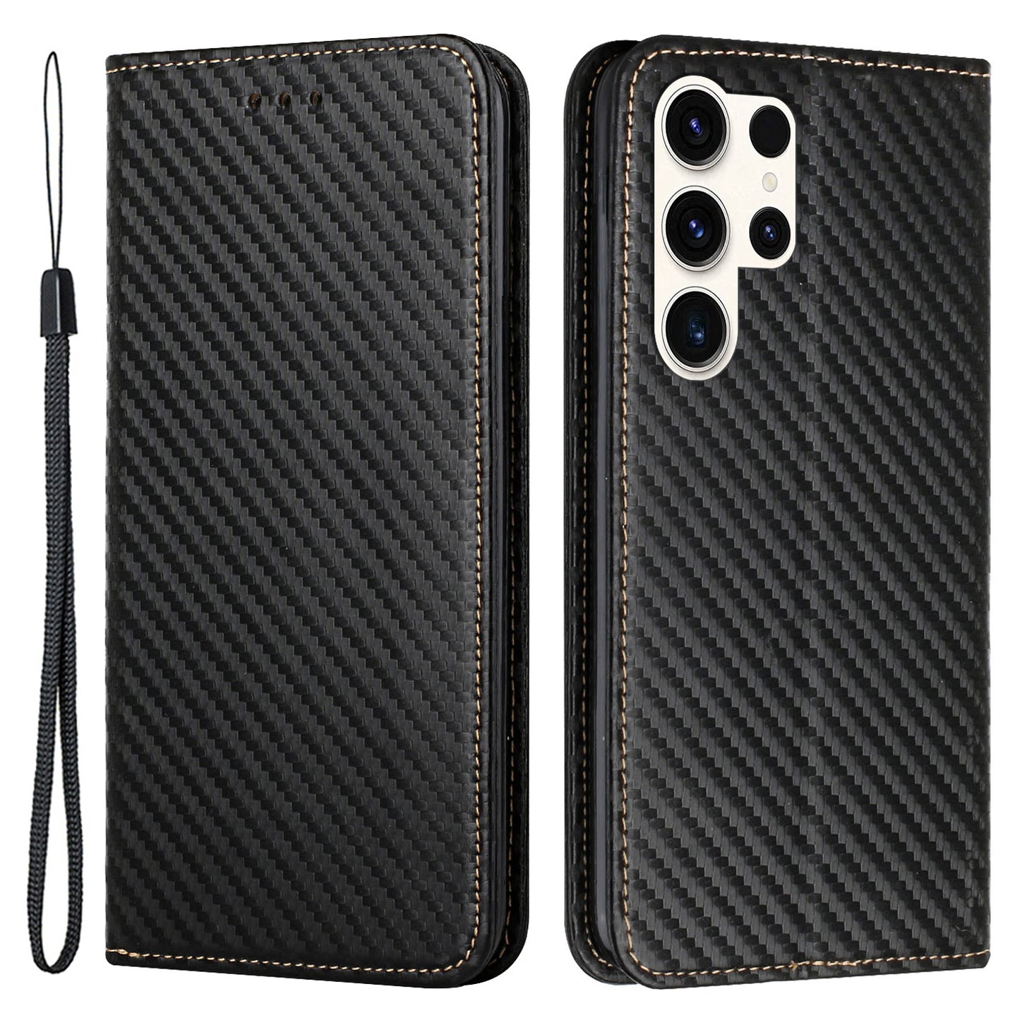 For Samsung Galaxy S24 Ultra Case Carbon Fiber Texture Wallet Stand Cover - Black