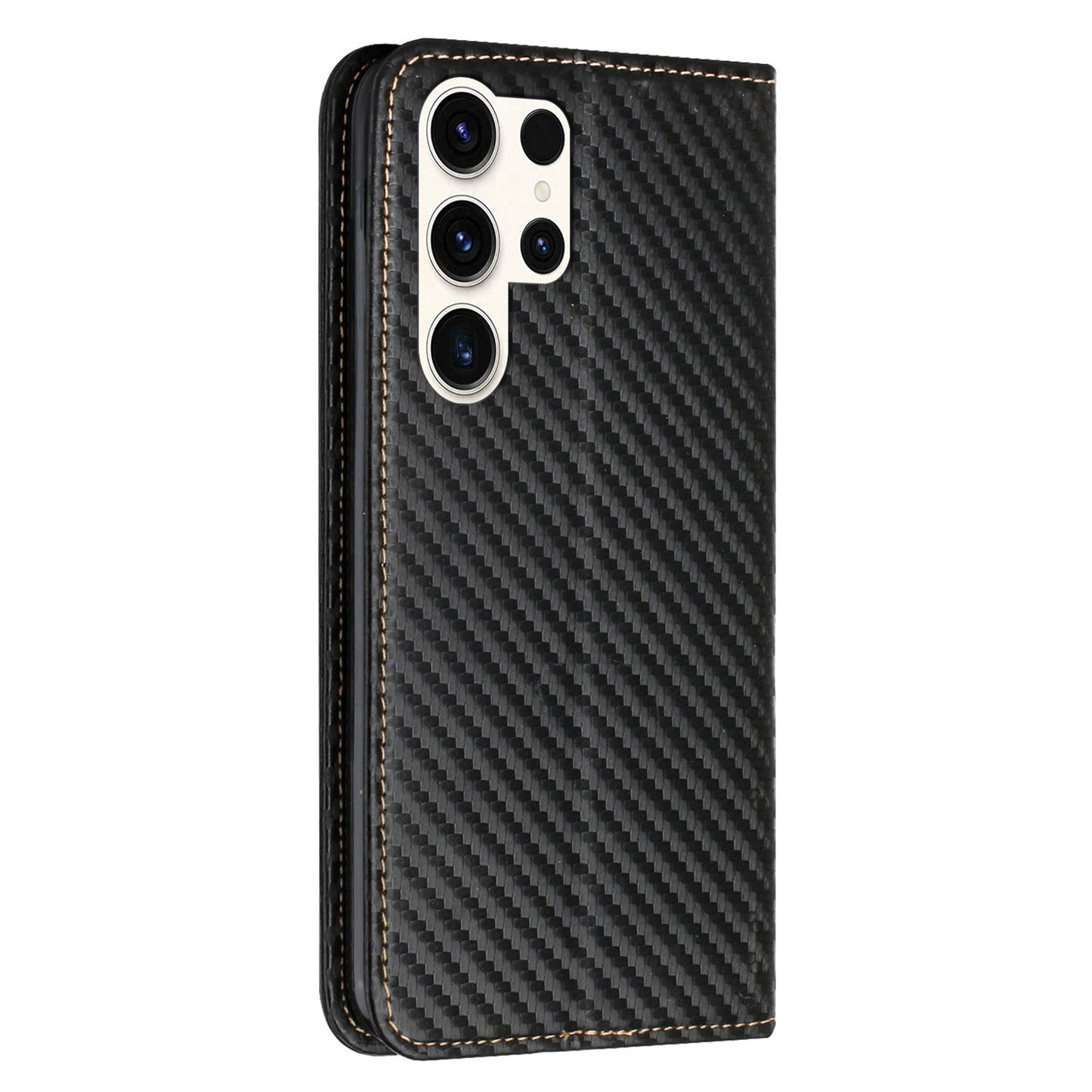 For Samsung Galaxy S24 Ultra Case Carbon Fiber Texture Wallet Stand Cover - Black