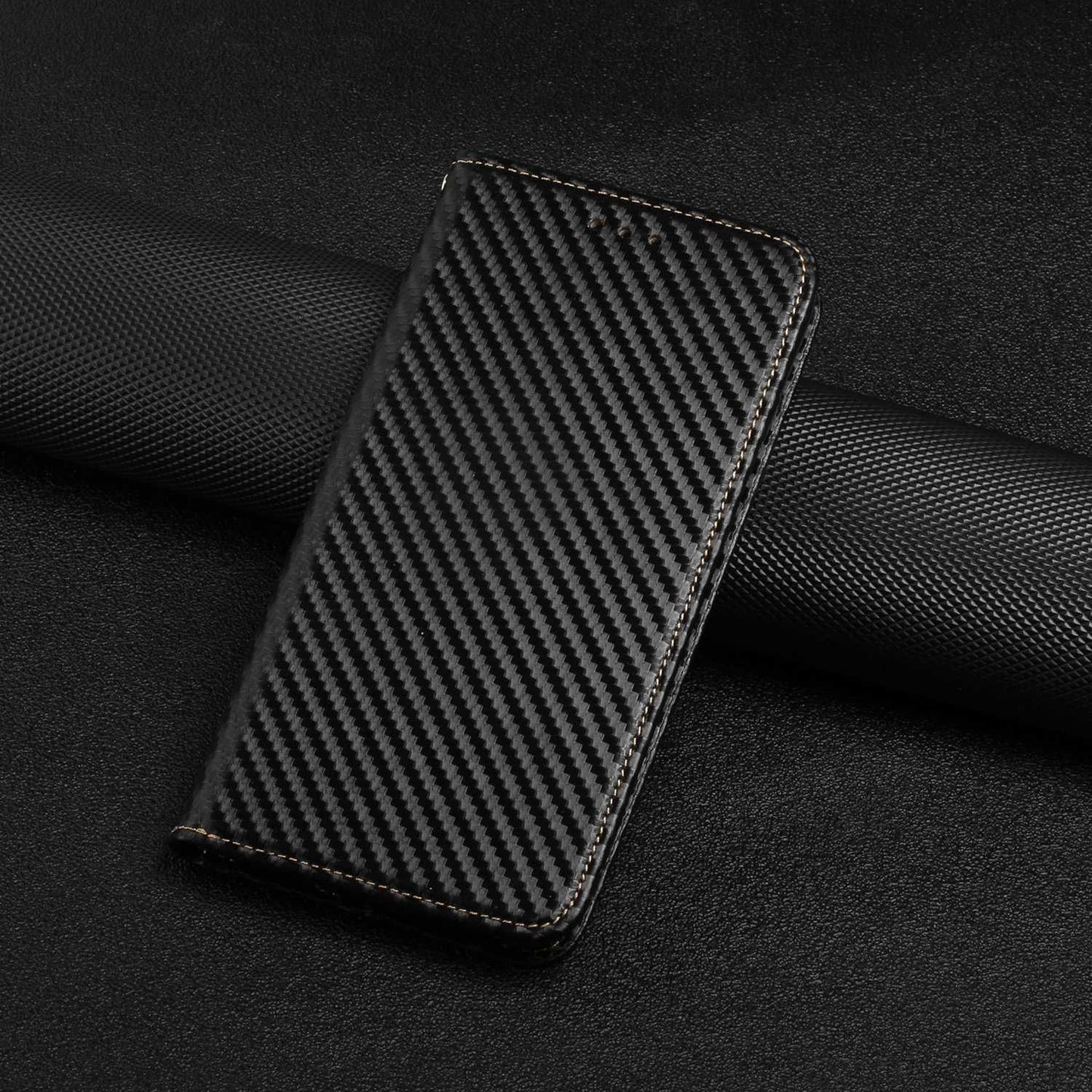 For Samsung Galaxy S24 Ultra Case Carbon Fiber Texture Wallet Stand Cover - Black