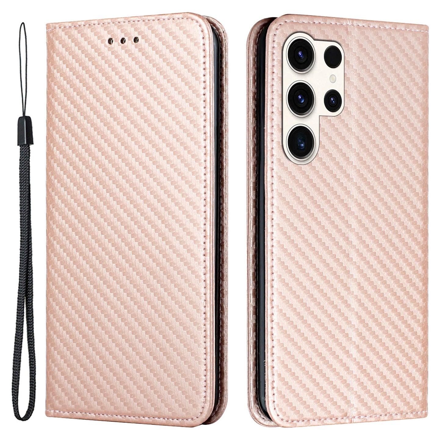 For Samsung Galaxy S24 Ultra Case Carbon Fiber Texture Wallet Stand Cover - Rose Gold