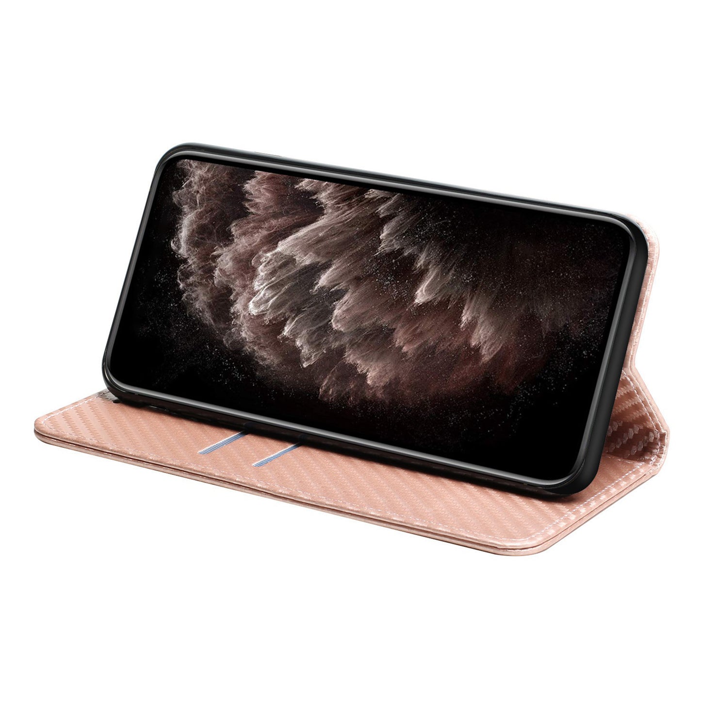 For Samsung Galaxy S24 Ultra Case Carbon Fiber Texture Wallet Stand Cover - Rose Gold
