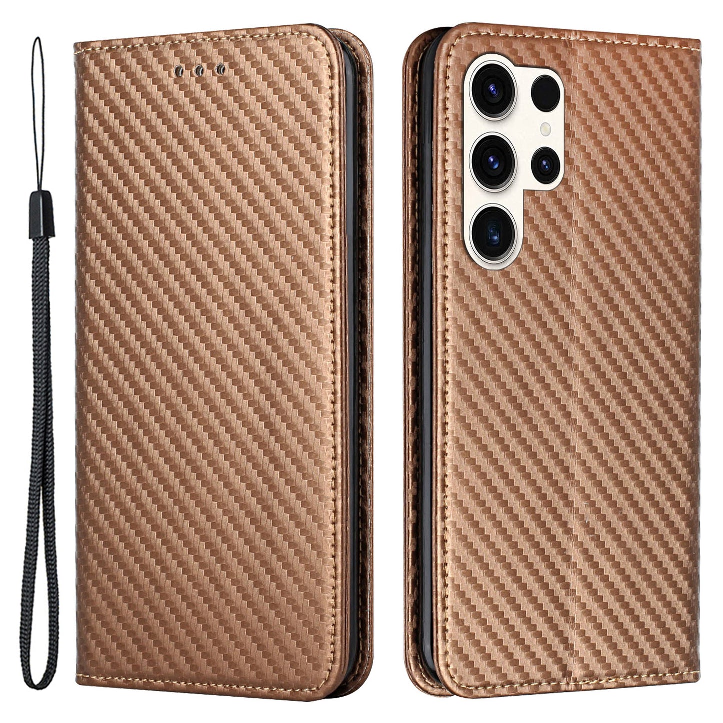 For Samsung Galaxy S24 Ultra Case Carbon Fiber Texture Wallet Stand Cover - Brown