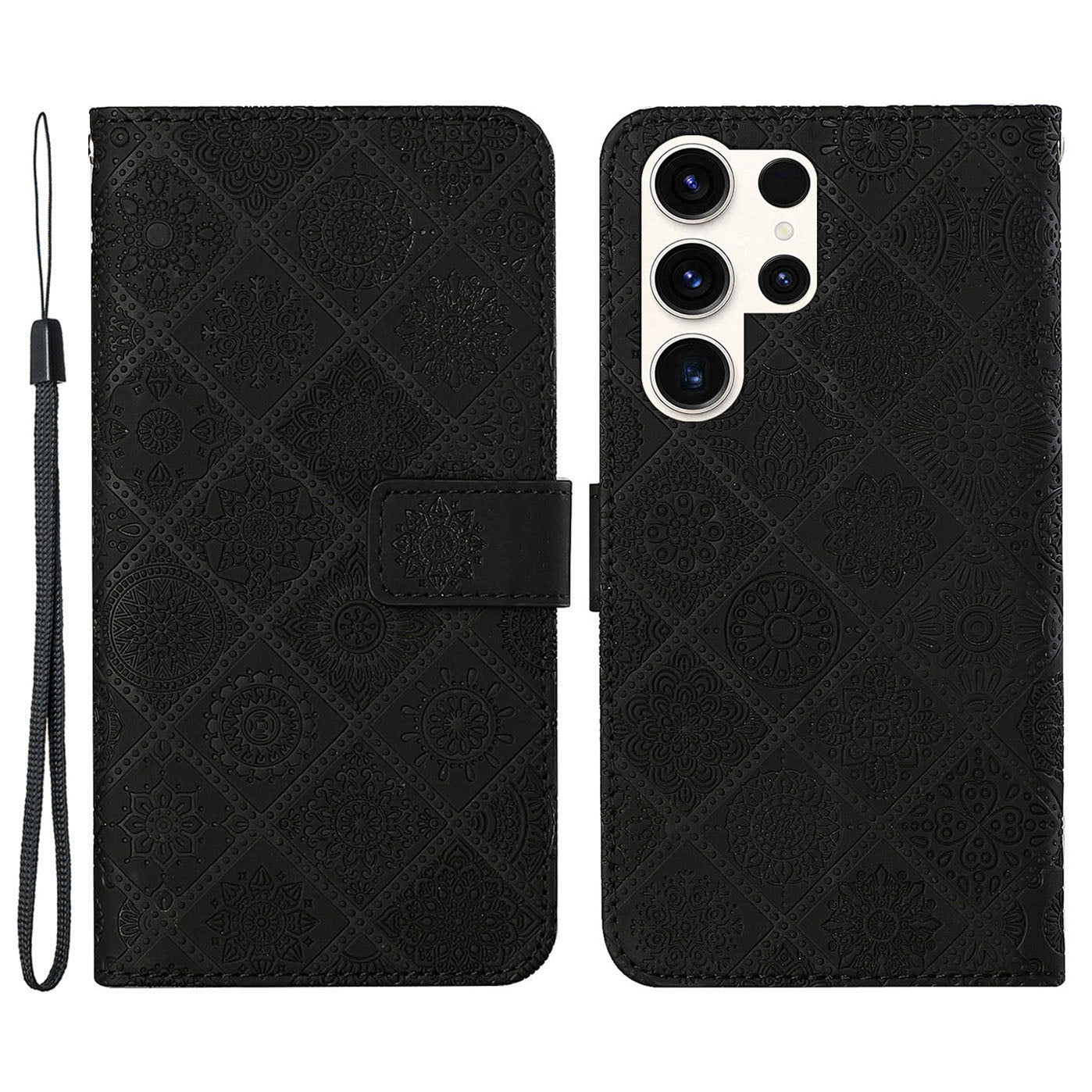 For Samsung Galaxy S24 Ultra Case Wallet Imprinted Flower Phone Cover - Black