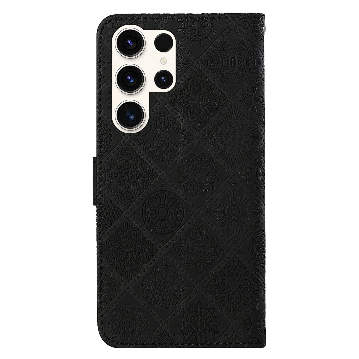 For Samsung Galaxy S24 Ultra Case Wallet Imprinted Flower Phone Cover - Black