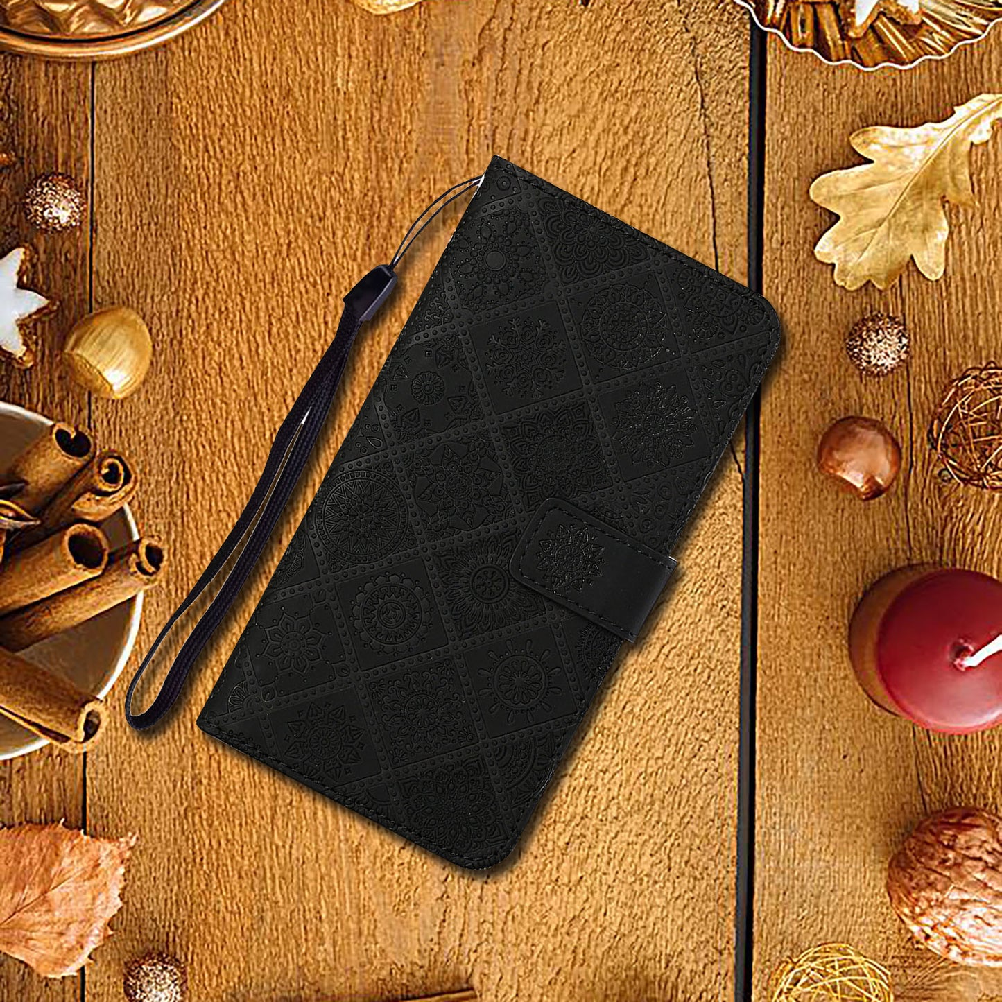 For Samsung Galaxy S24 Ultra Case Wallet Imprinted Flower Phone Cover - Black